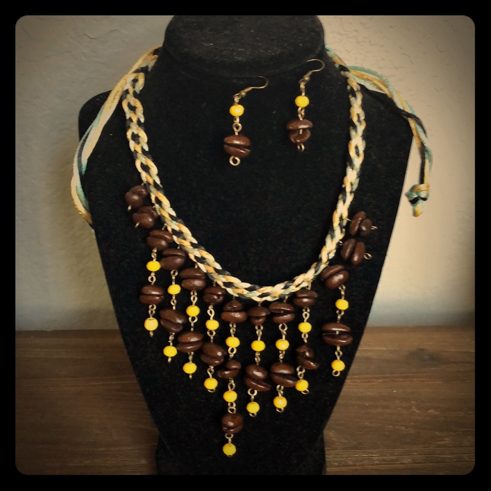String necklace decorated with coffee beans & beed